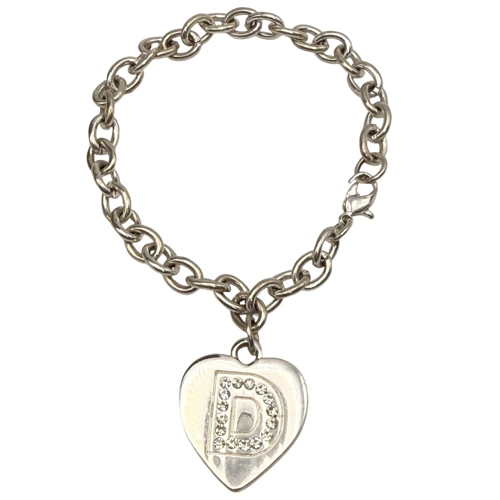 Silver Tone Heart Initial Charm Bracelet Clear Rhinestone Letter D Lobster Clasp